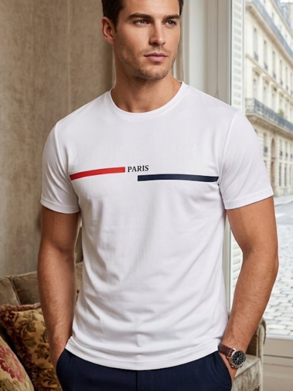Paris Minimalist Luxe Tee – White Red Navy Stripe Graphic – XL NWT Euro Style - Picture 3 of 7